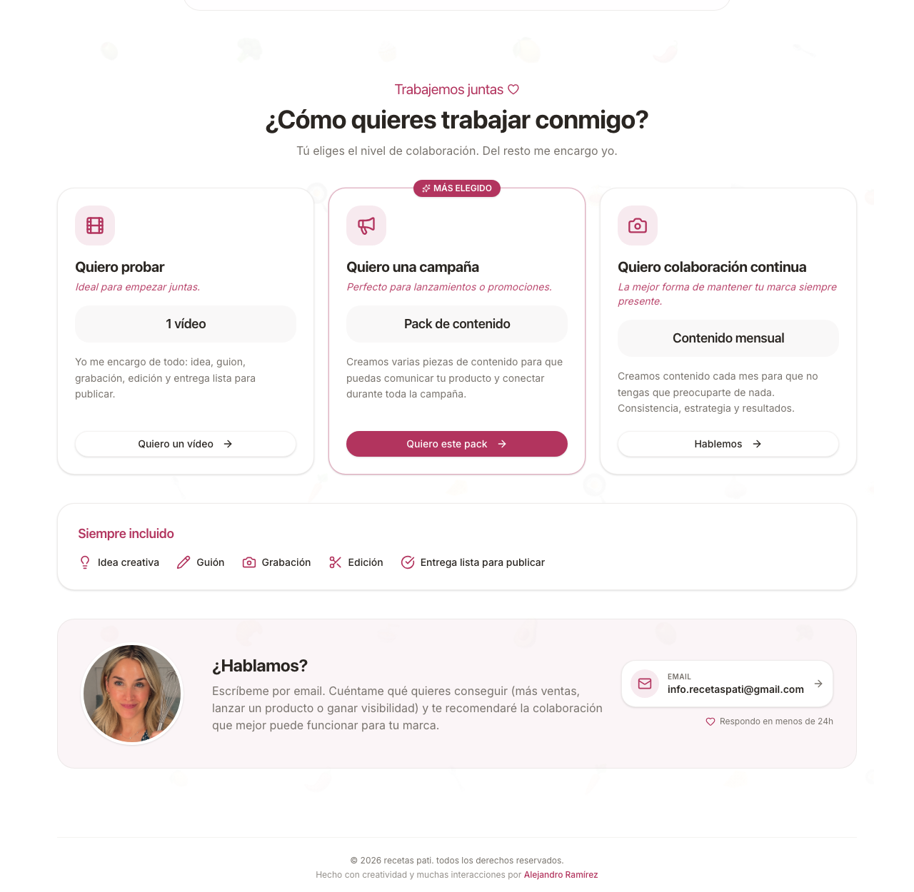 Sección de servicios y packs de colaboración en el portfolio
